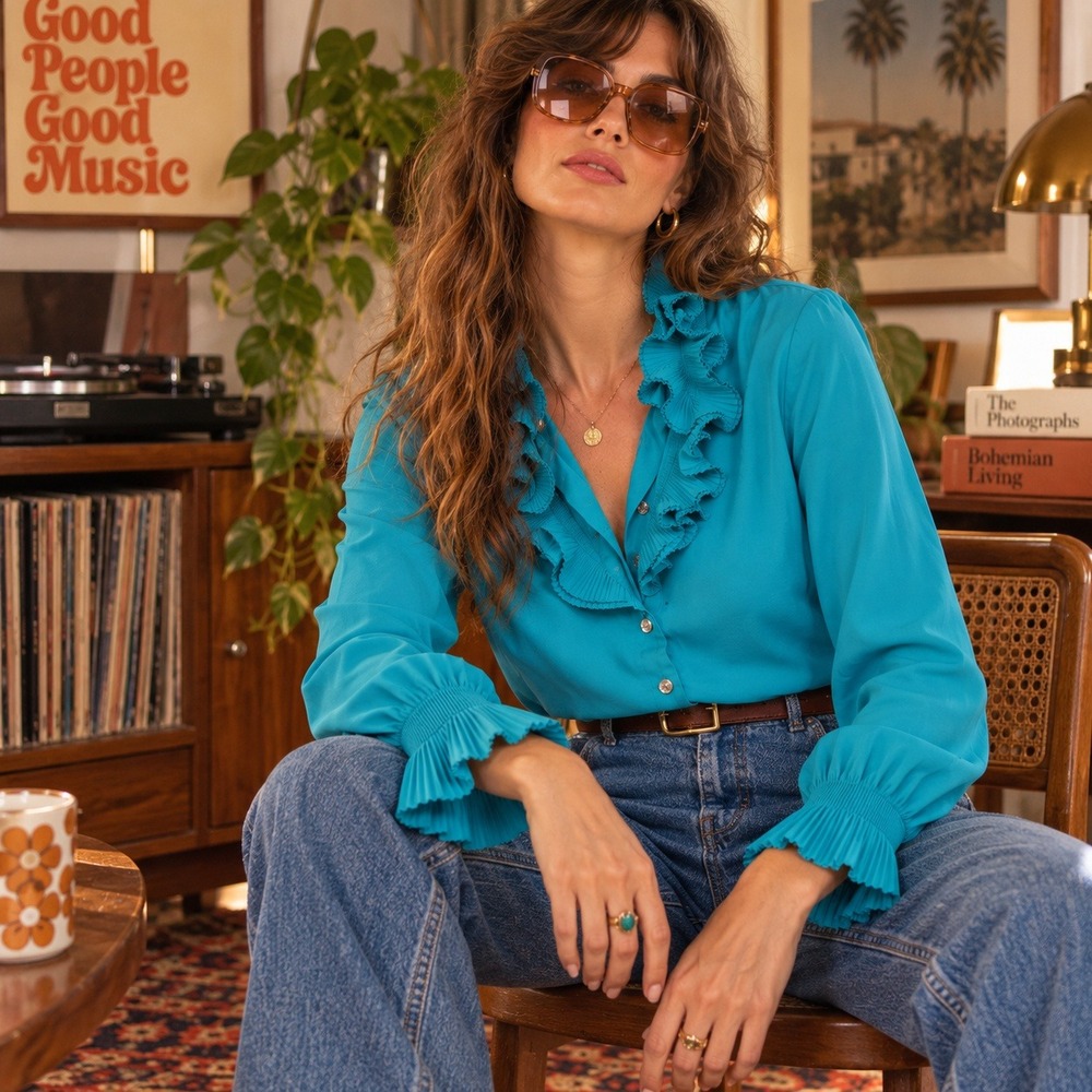 Vintage 80s‎ Styled by Sybil Blouse Pleated Ruffle Collar Cuffs Teal Women's 12